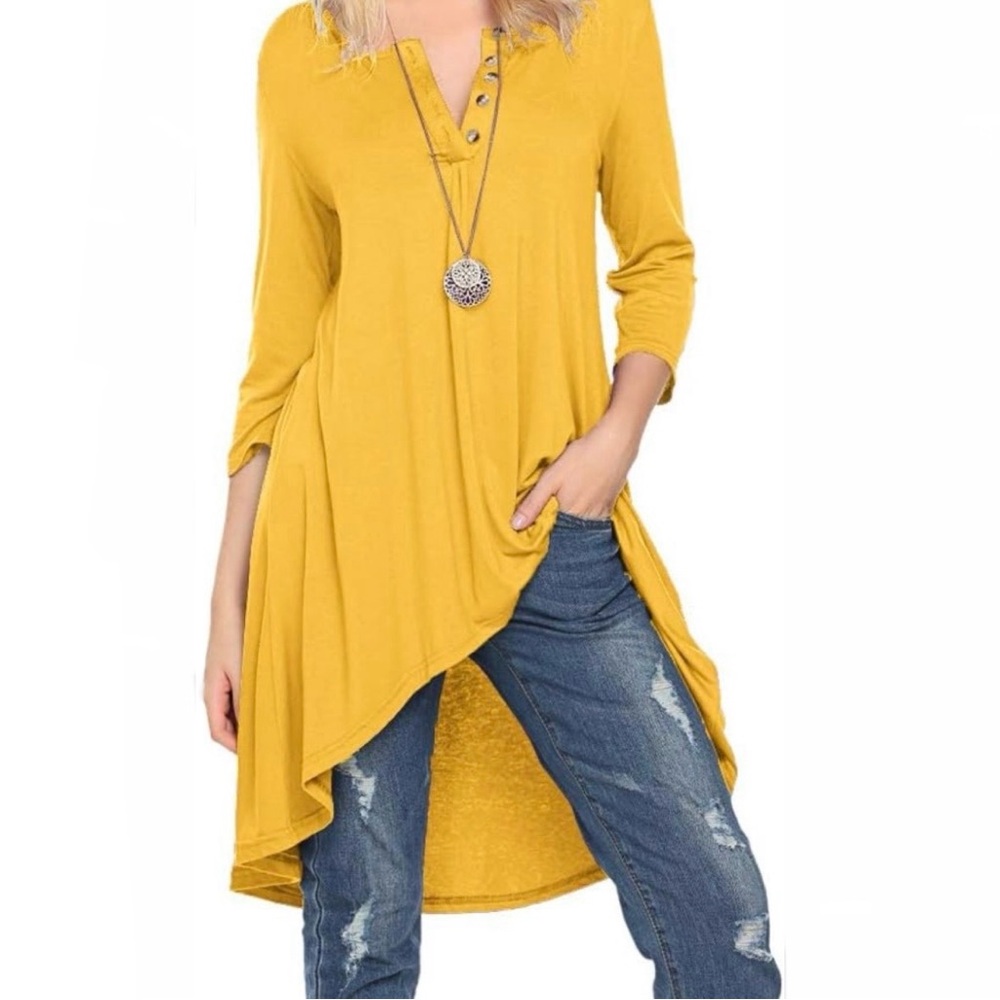 NEW Naggoo Women’s Yellow Hi Lo Long Top Tunic, Loose Fit, 3/4 Sleeve, Size XL